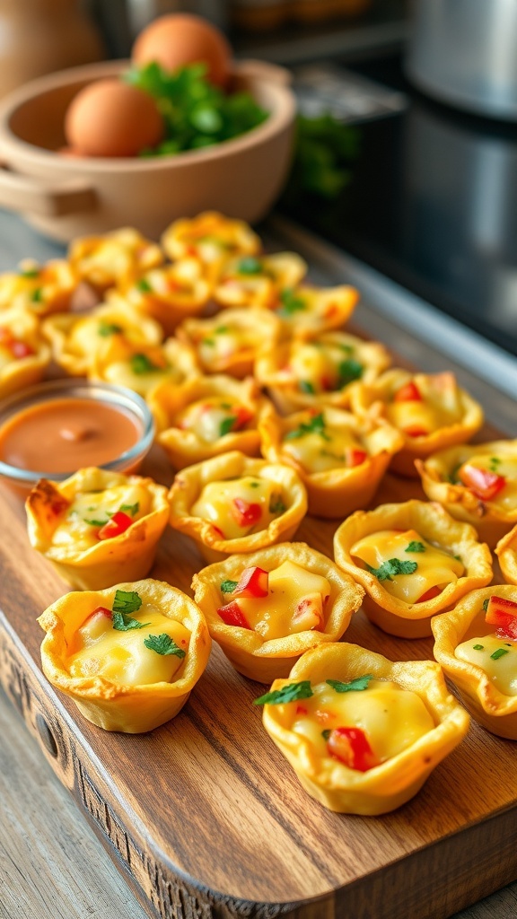 A platter of mini quiche bites with vegetables and cheese, garnished with herbs on a wooden board.